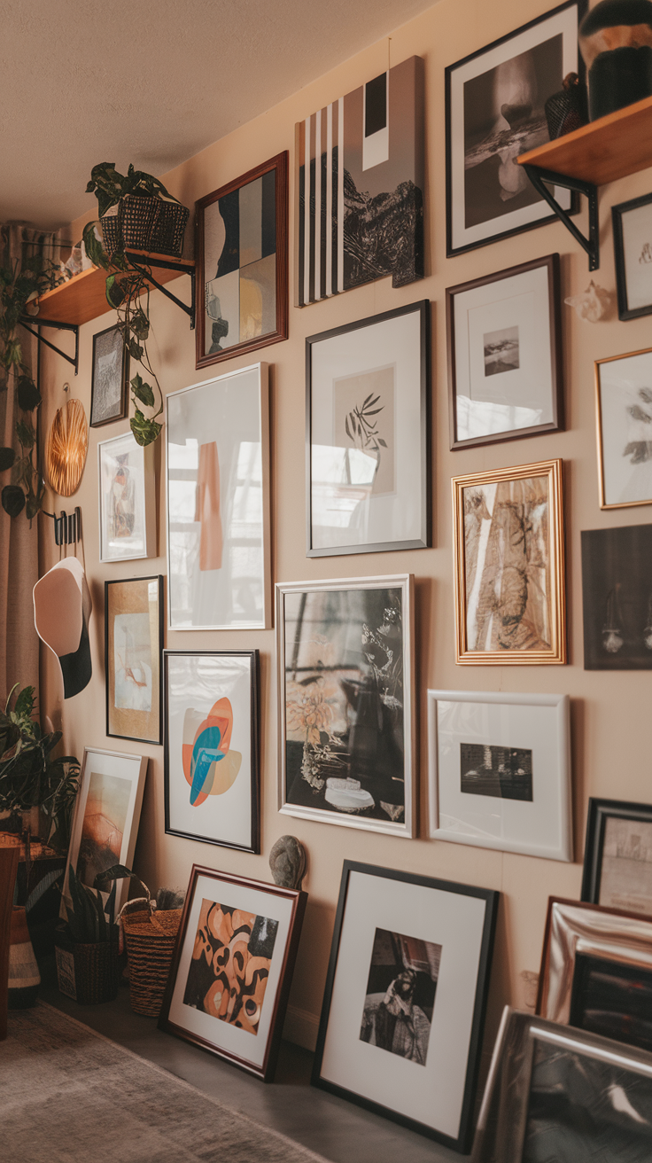 Gallery wall featuring various framed artworks and plants