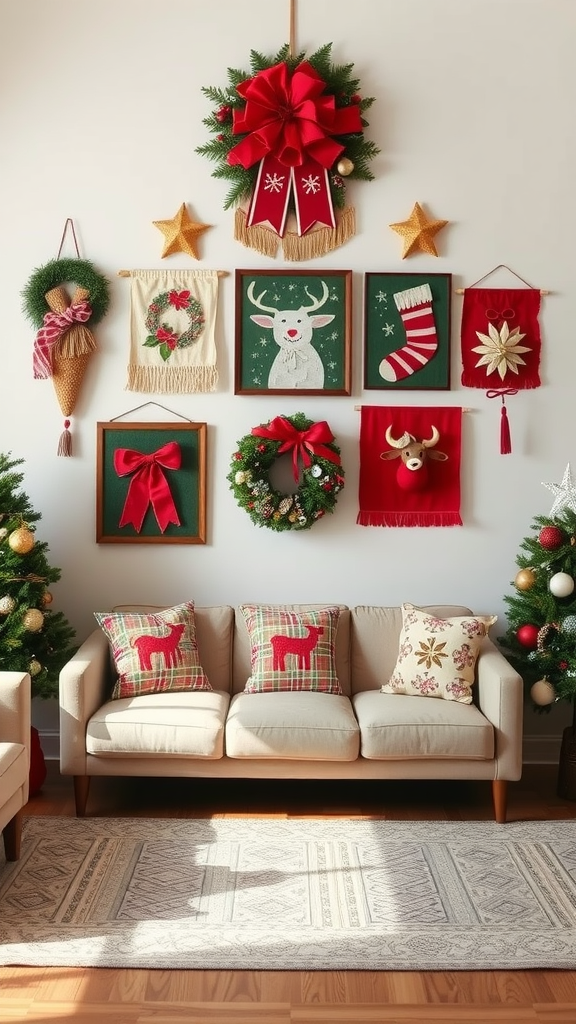 Festive wall hangings with Christmas decor in a cozy living room setting.