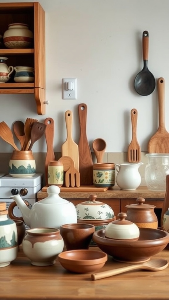 A collection of handmade kitchenware including pots, bowls, and wooden utensils on a wooden kitchen counter.