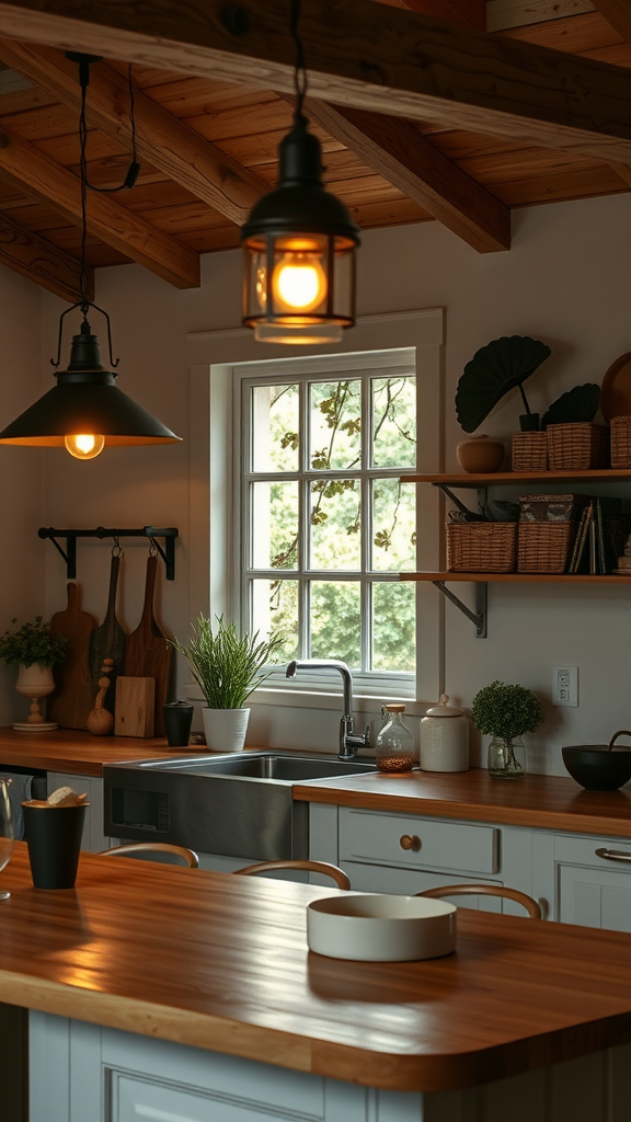 A cozy kitchen with artisan lighting fixtures, wooden beams, and a welcoming atmosphere.