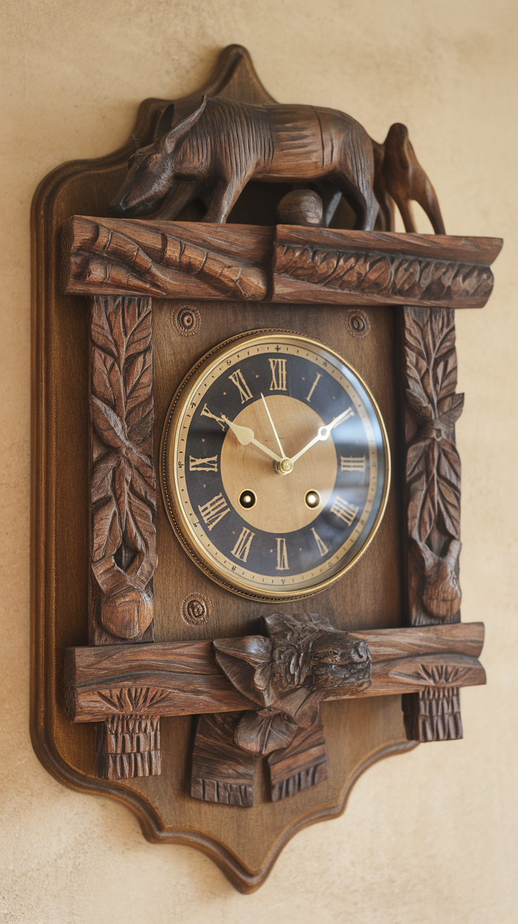 A beautifully carved artisan wall clock featuring intricate details and a rustic finish.