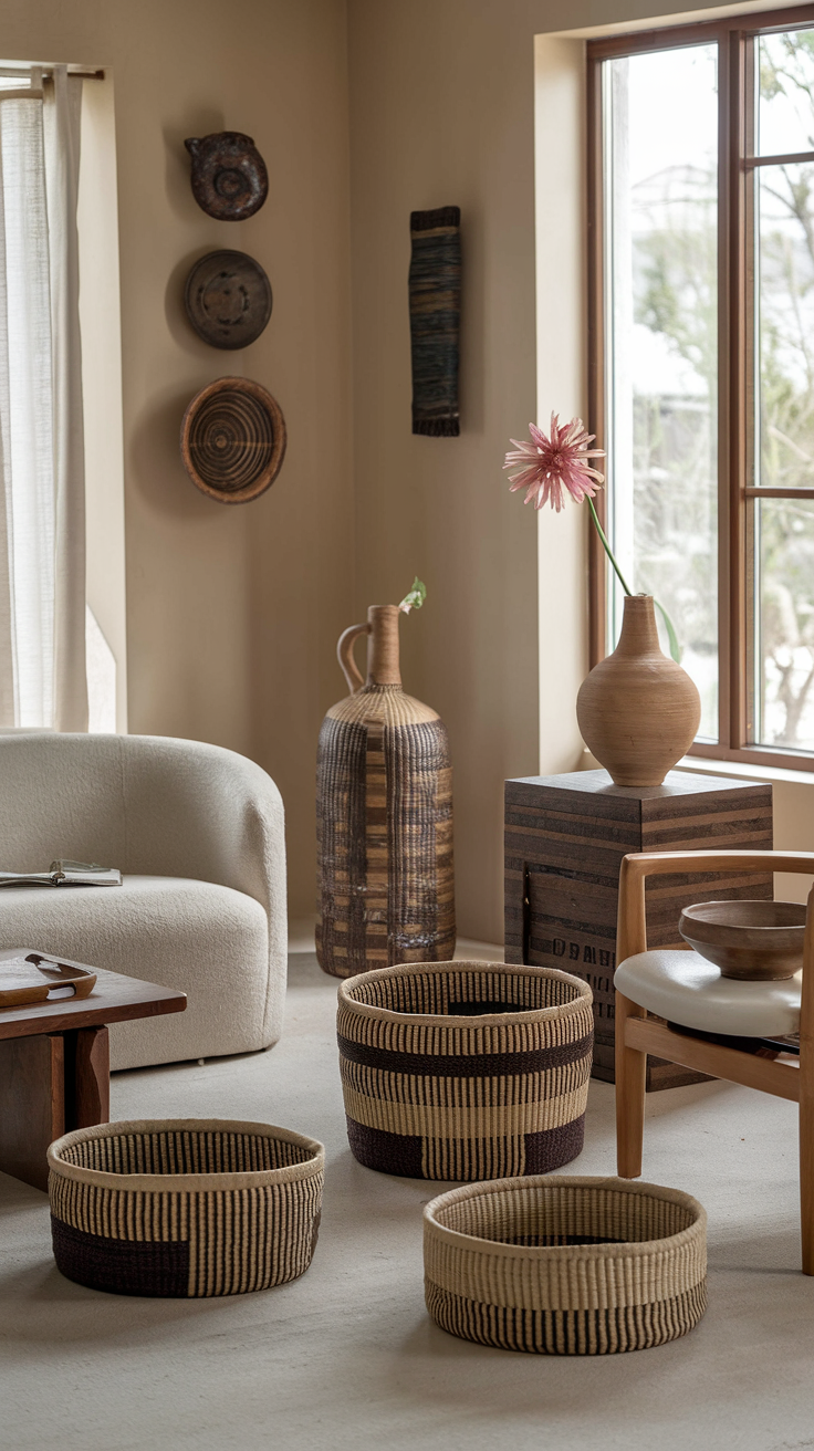 A warm and inviting living room featuring artisanal decor with woven baskets, wooden accents, and handcrafted pottery.
