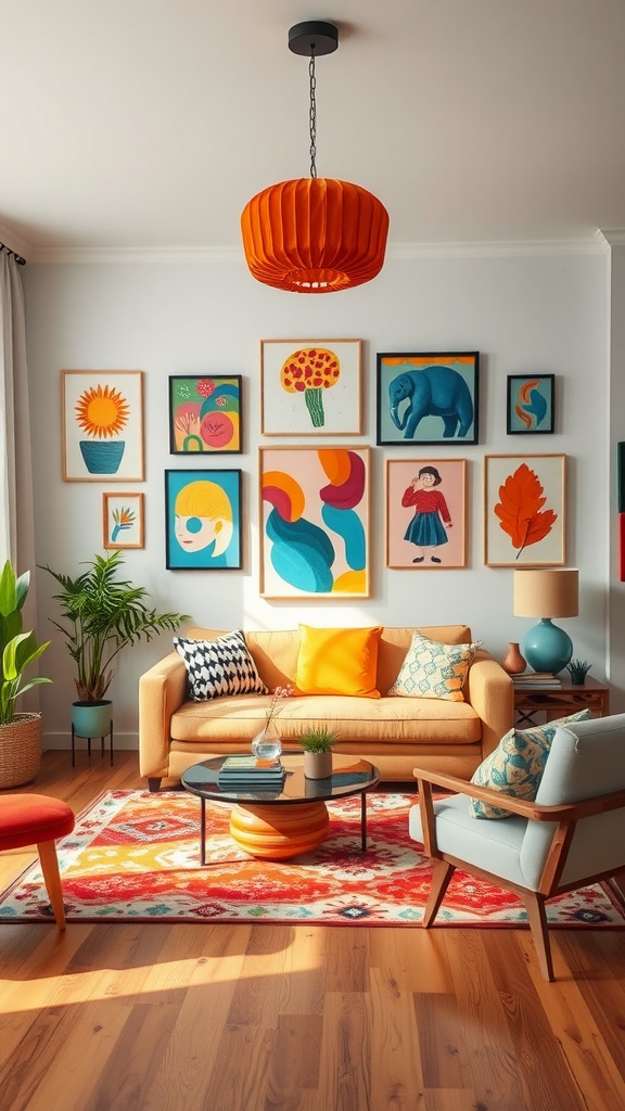 A vibrant artistic living room with colorful artwork, cozy furniture, and natural plants.