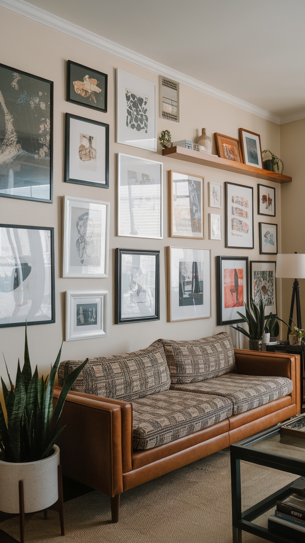 A cozy living room with a gallery wall of framed art above a patterned sofa.