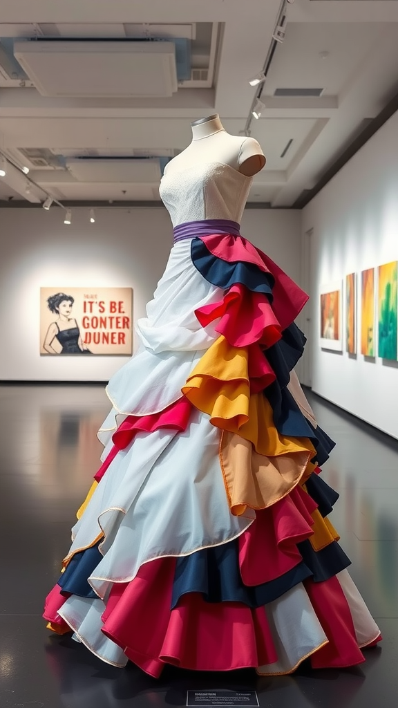 Colorful layered wedding dress displayed in an art gallery