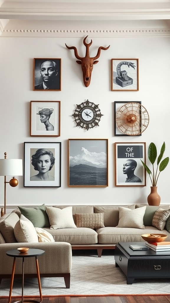 Luxury living room wall decorated with a mix of framed art, an animal head mount, and decorative items.