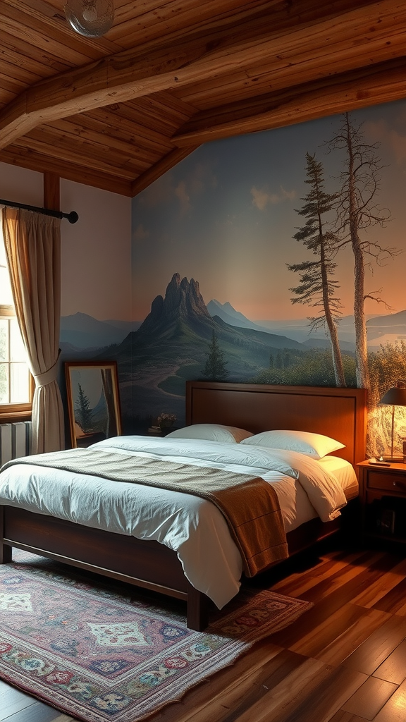 Cozy bedroom with a nature-themed wall mural featuring mountains and trees, wooden decor, and warm lighting.