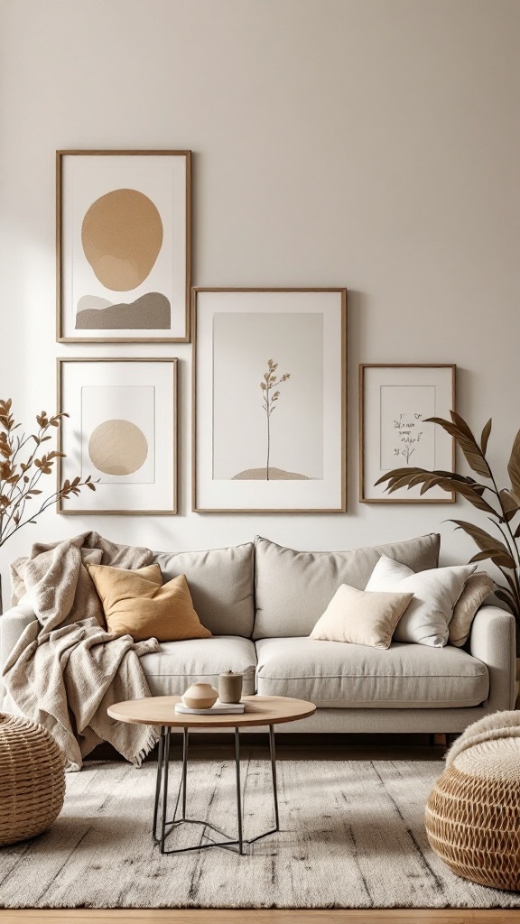 A warm neutral living room featuring a couch, artwork on the wall, and natural elements.