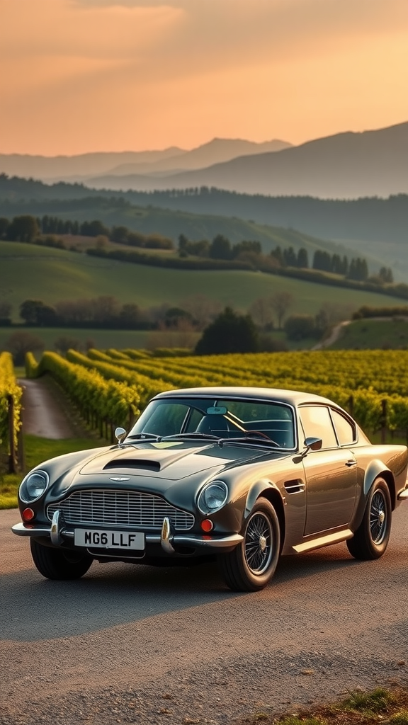 Aston Martin V12 Vantage parked on a scenic road with vineyards and hills in the background during sunset.