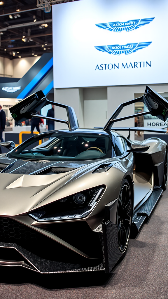 Aston Martin Valkyrie showcasing its design and open scissor doors at a car exhibition.