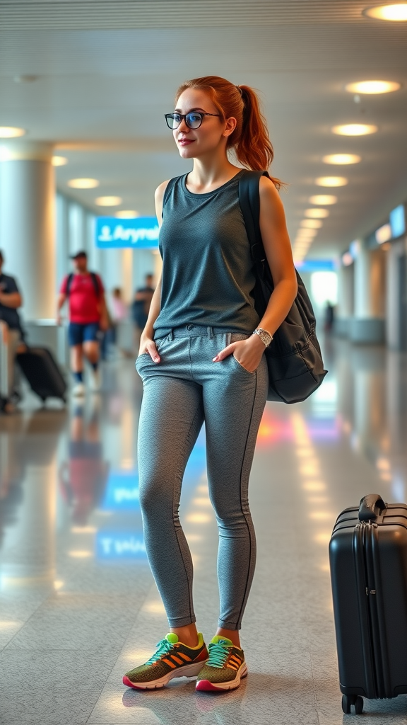 A young woman in an airport wearing athletic wear and colorful sneakers.