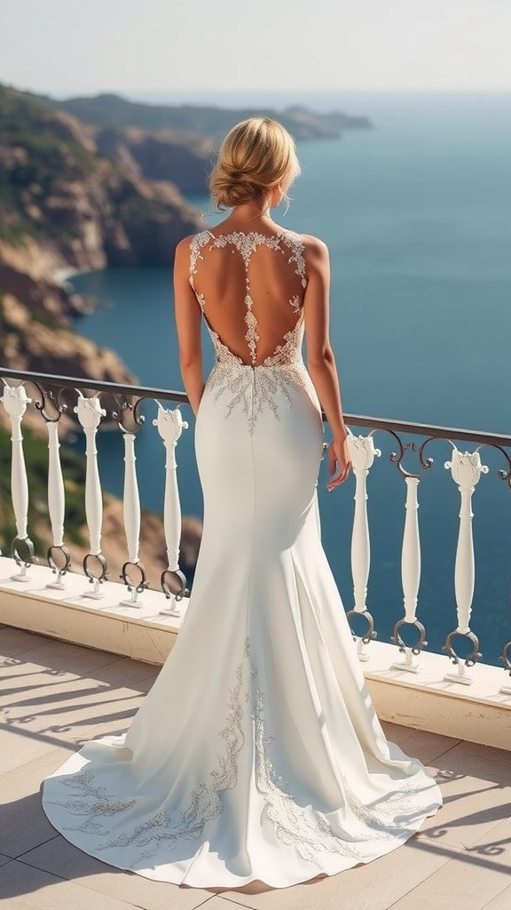 A woman in a beautiful backless wedding dress with beaded accents, standing on a balcony overlooking the ocean