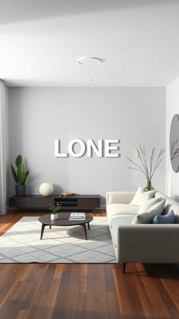 A modern living room with earthy colors featuring a cozy sofa, coffee table, and a potted plant, emphasizing the use of negative space.