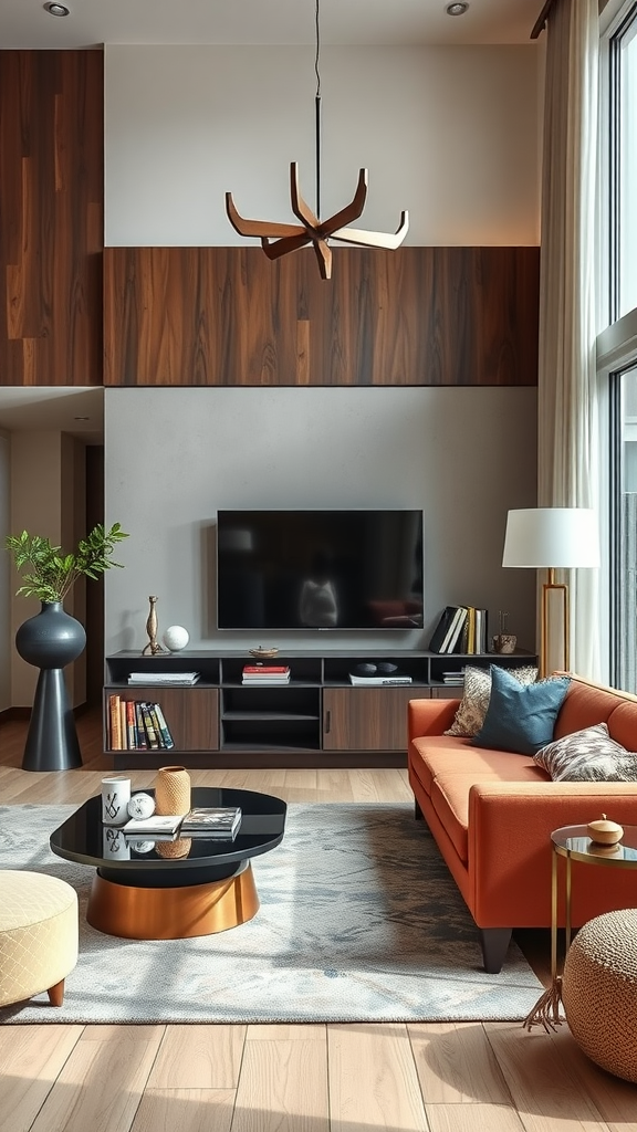 A modern living room featuring an orange sofa, stylish furniture, and warm wood accents.