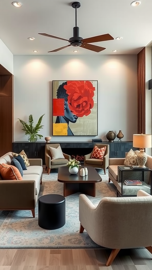 A stylish living room featuring neutral furniture, colorful artwork, and a cozy arrangement.