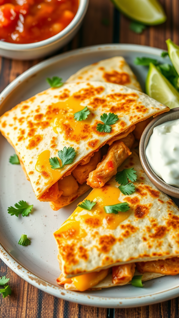 BBQ chicken quesadillas with cheese, garnished with cilantro, served with salsa and lime.