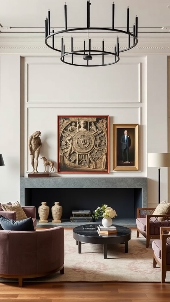A luxurious living room featuring bespoke artwork displays, including sculptures and a large textured wall piece.