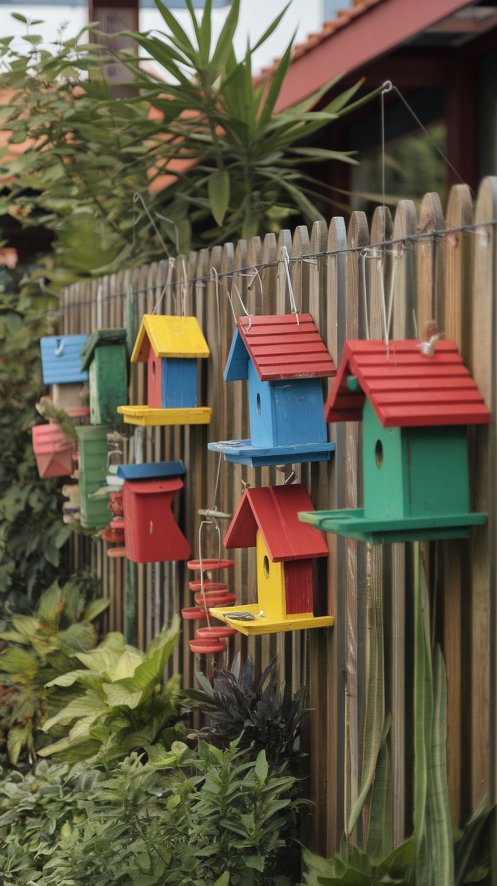 Colorful birdhouses and feeders hanging on a wooden fence surrounded by greenery.