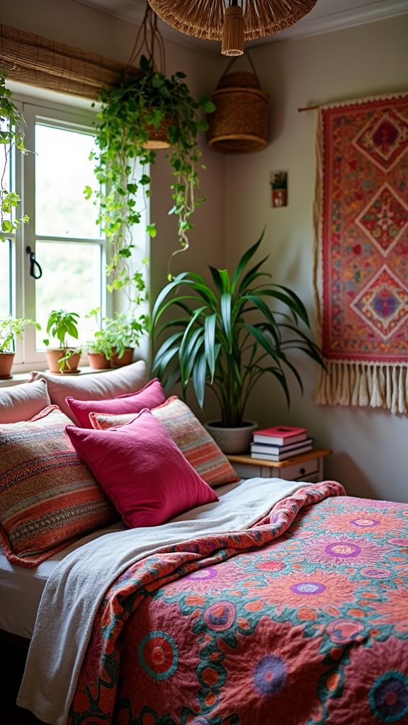 A cozy bedroom with vibrant bedding, pillows, and houseplants, showcasing a Bohemian style.