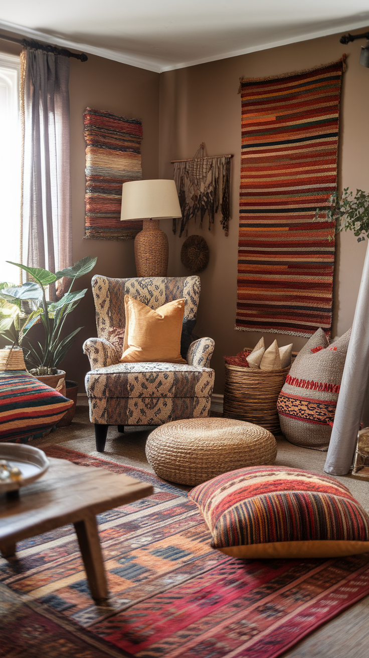 A cozy bohemian living room featuring colorful rugs, woven wall hangings, and comfortable seating.