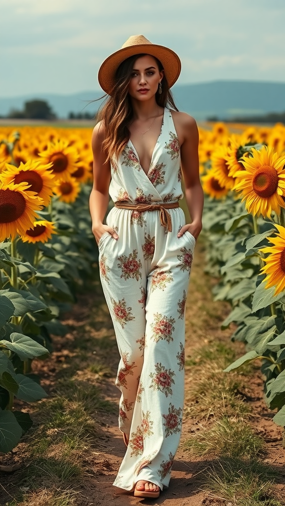 A woman in a bohemian inspired jumpsuit walking through a sunflower field.