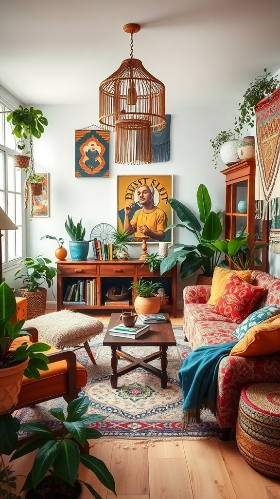 A cozy bohemian living room with a red sofa, colorful cushions, plants, and unique decor.