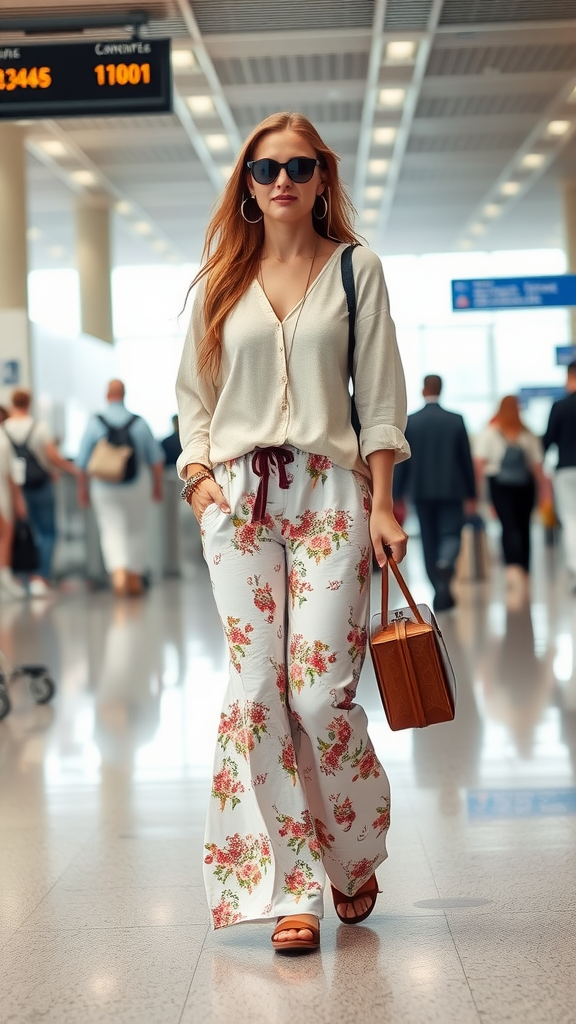 A stylish woman walking through an airport in flowy floral trousers, oversized sunglasses, and a casual top, exuding bohemian vibes.