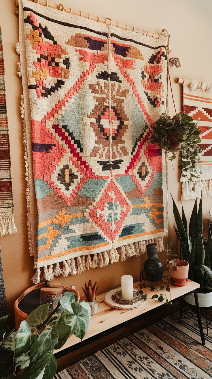 A colorful bohemian wall hanging with patterns, surrounded by plants and a cozy decor setup.