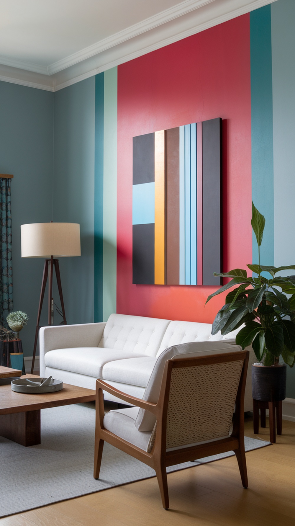 Living room with a bold red accent wall and colorful artwork, featuring modern white furniture and a mix of textures.