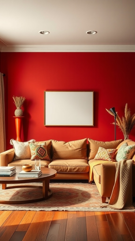 Cozy living room with a bold red accent wall, a beige couch with colorful cushions, and wooden furniture.