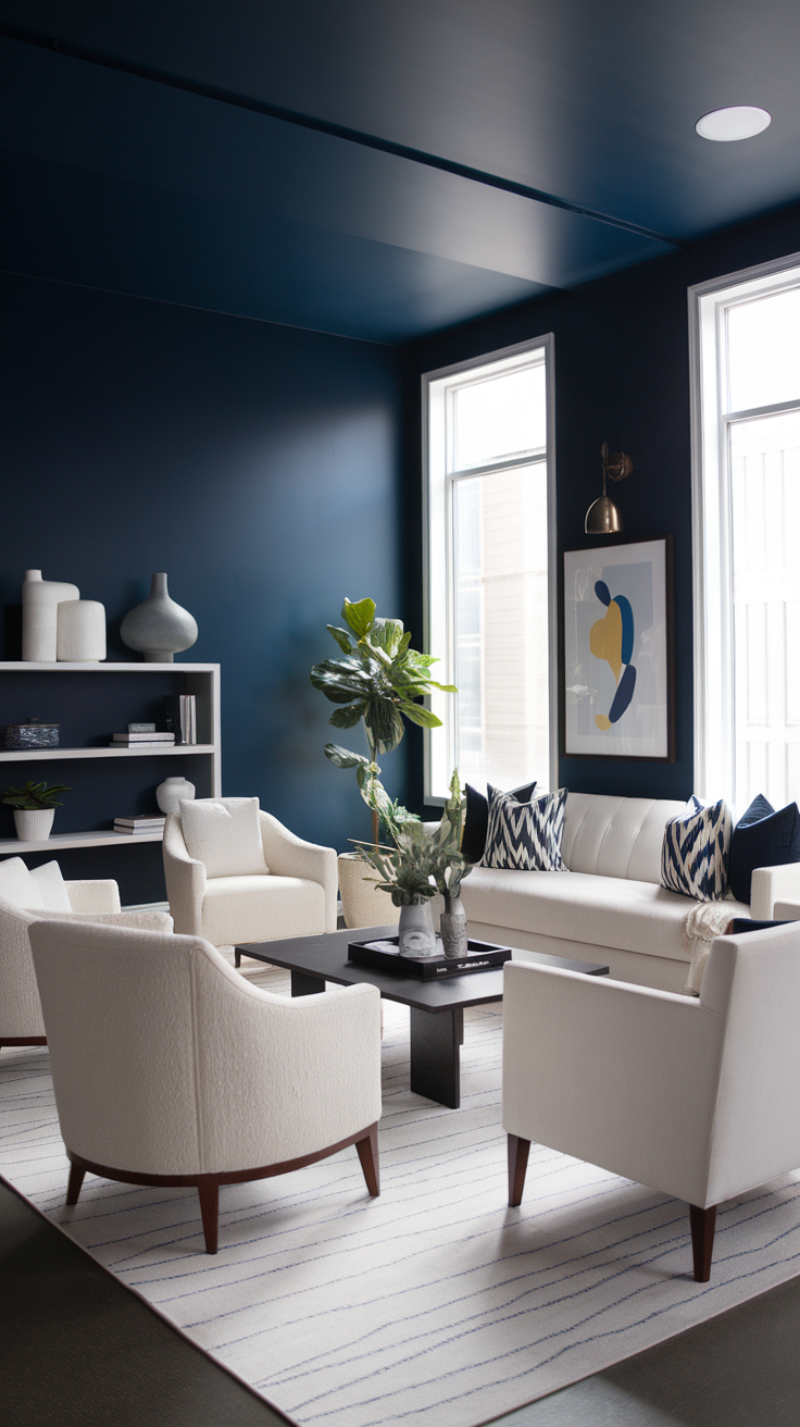 A modern living room featuring a dark blue accent wall, light furniture, and plants, showcasing a stylish and inviting atmosphere.