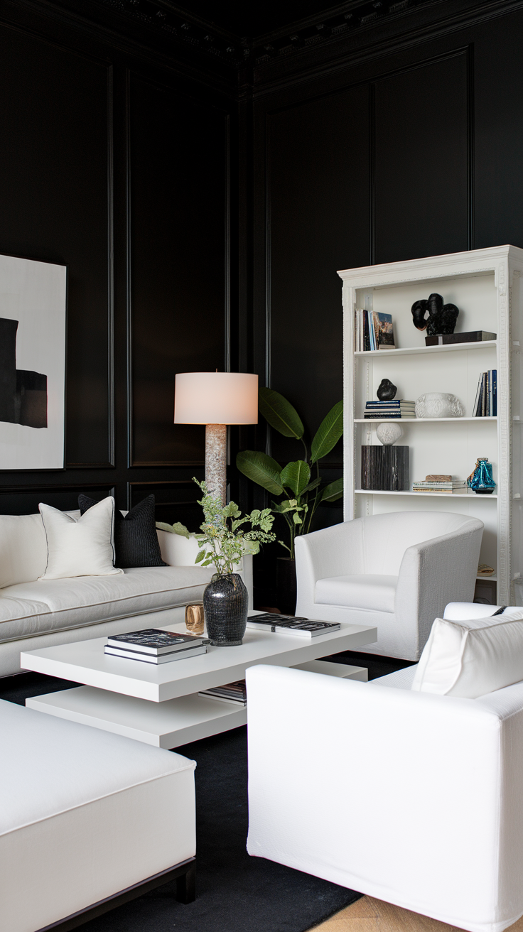 A stylish living room featuring bold black walls, white furniture, and modern decor.