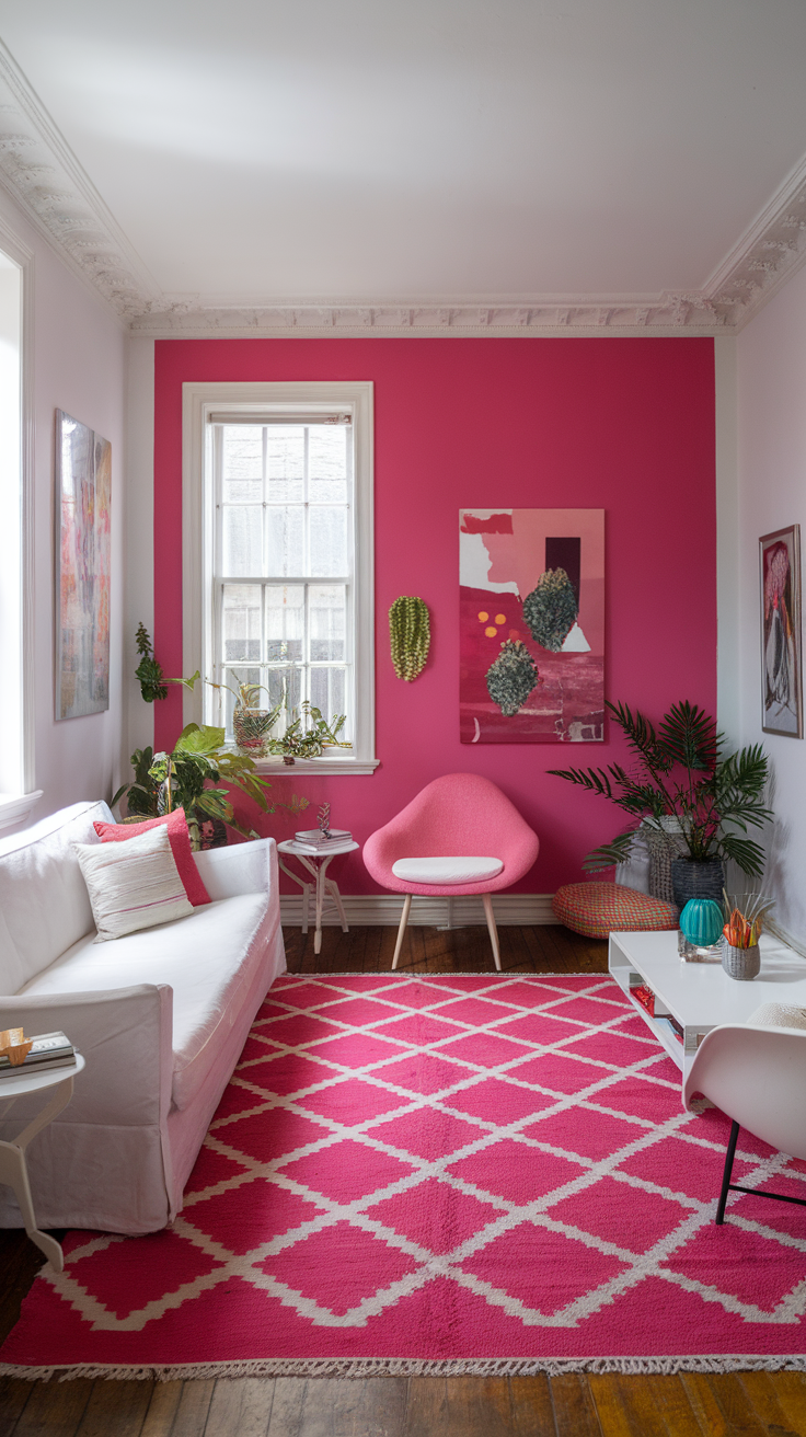 A cozy living room with a bold pink accent wall, white couch, colorful chair, and a patterned rug.