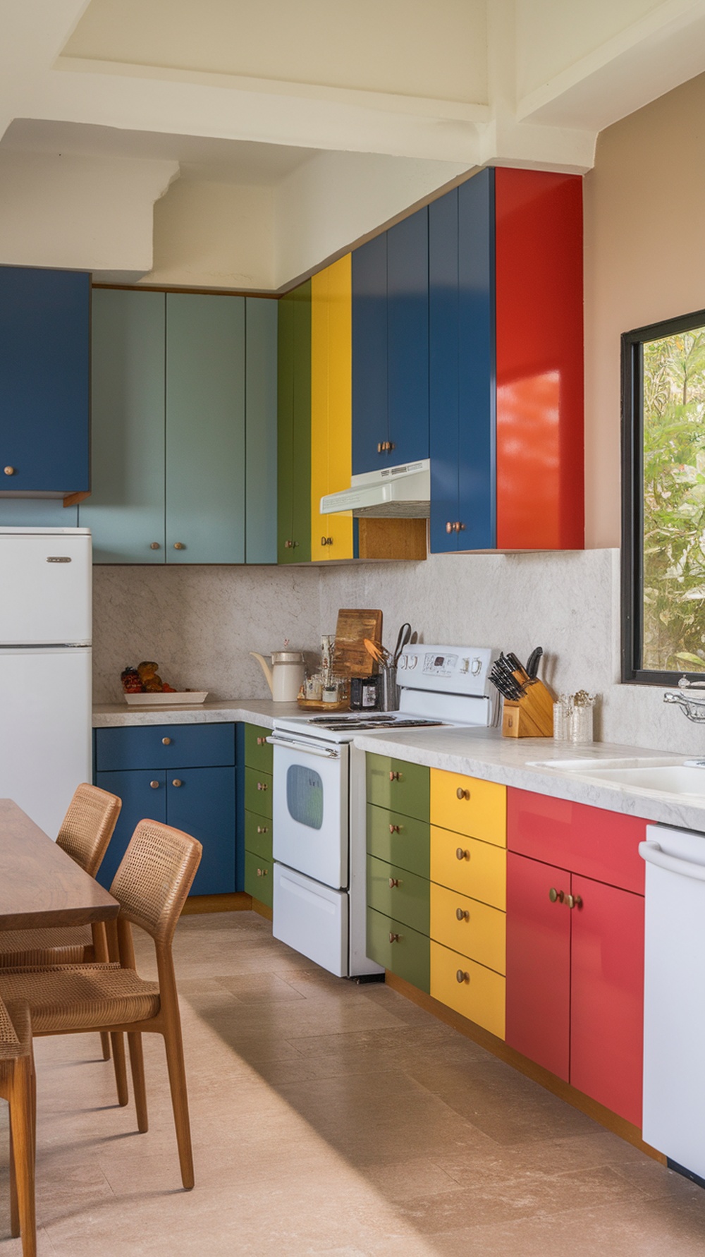 A colorful modern kitchen featuring cabinets in blue, green, yellow, and red.