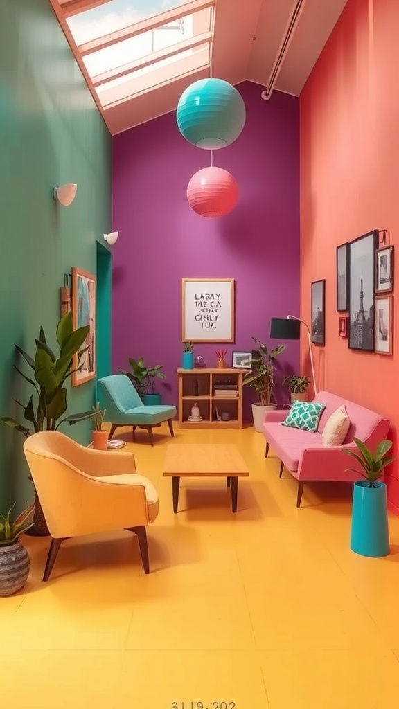 A colorful room with purple, orange, and green walls, featuring modern furniture and decorative plants.