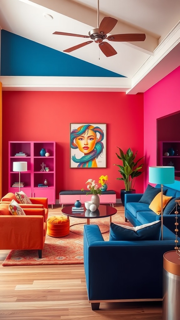 A vibrant living room featuring bold pink and blue walls, colorful furniture, and artistic decor.