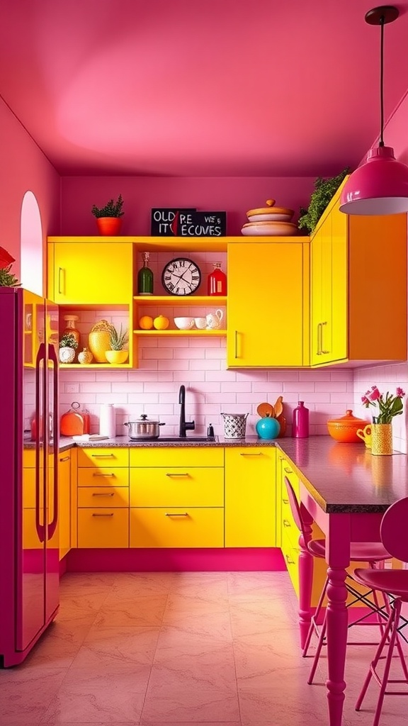 A vibrant kitchen with yellow cabinets and pink walls, showcasing a lively and bold color palette.