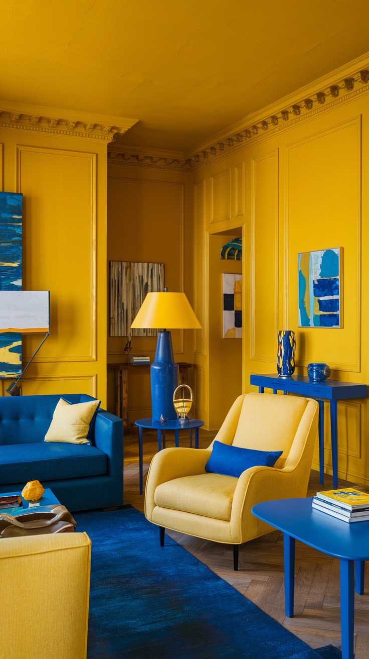 A vibrant living room featuring yellow walls and blue furniture.