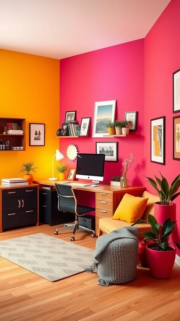 A vibrant home office with orange and pink walls, modern desk, ergonomic chair, and decorative plants.