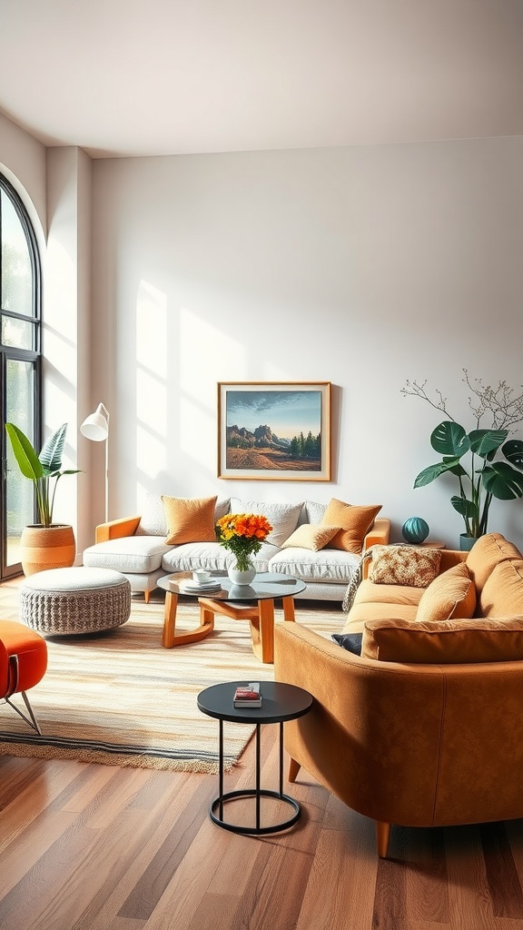 A stylish living room featuring bold furniture choices, including an orange sectional sofa, a round coffee table, and decorative plants.