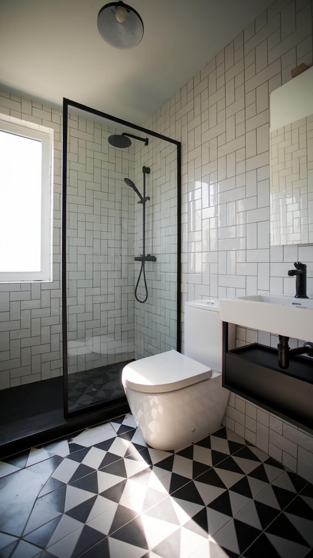 A modern bathroom featuring bold geometric patterns on the floor with a sleek design and a glass shower enclosure.