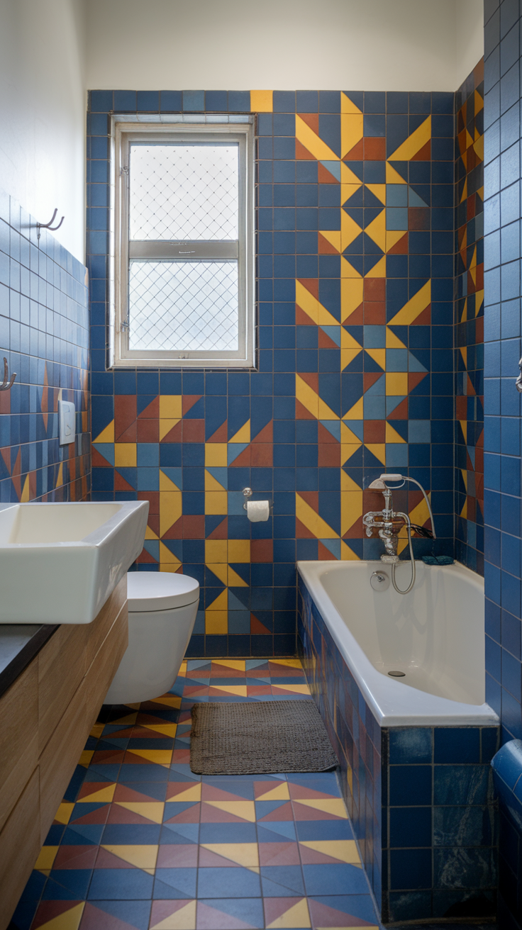 A colorful bathroom with bold tile patterns in blue, yellow, and red.