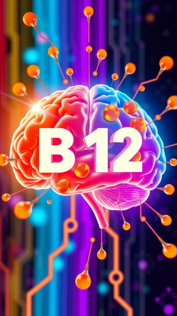 Colorful illustration of a brain with the label B12, representing the importance of vitamin B12 for cognitive function.