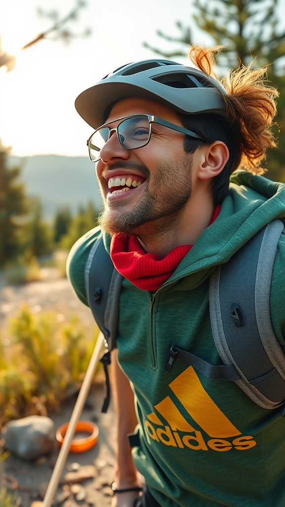 A happy person wearing a helmet and glasses, enjoying nature, representing energy and vitality.