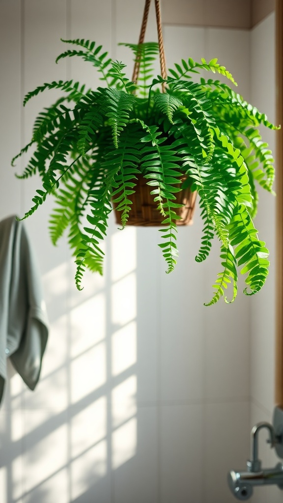 A lush Boston Fern hanging in a bathroom with sunlight filtering through the window.
