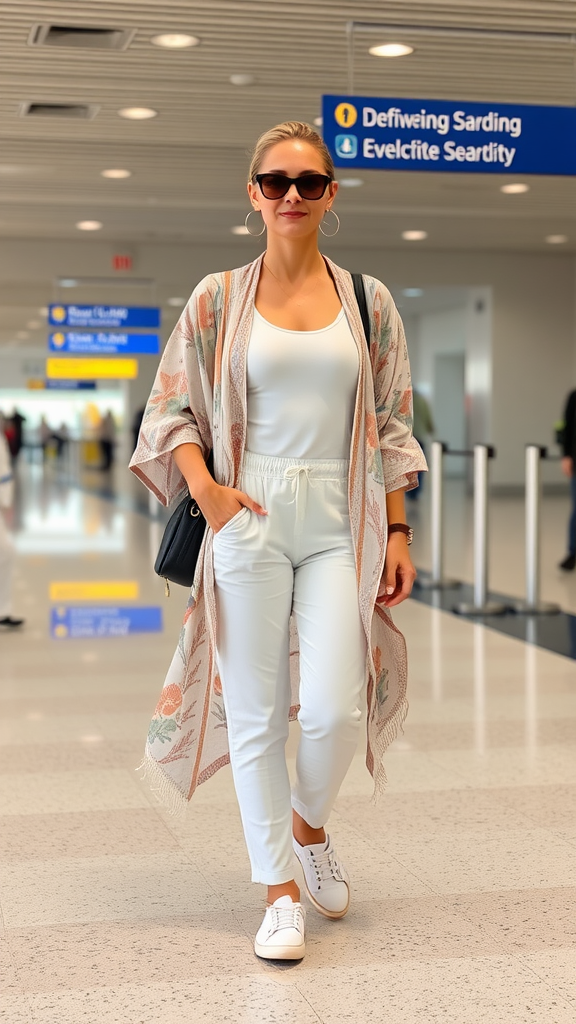 A stylish woman wearing a kimono over a basic outfit at the airport.