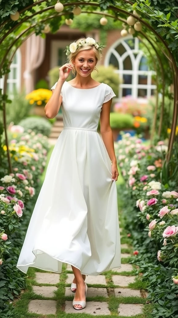 A woman in a breezy white midi dress with cap sleeves, walking through a floral garden.