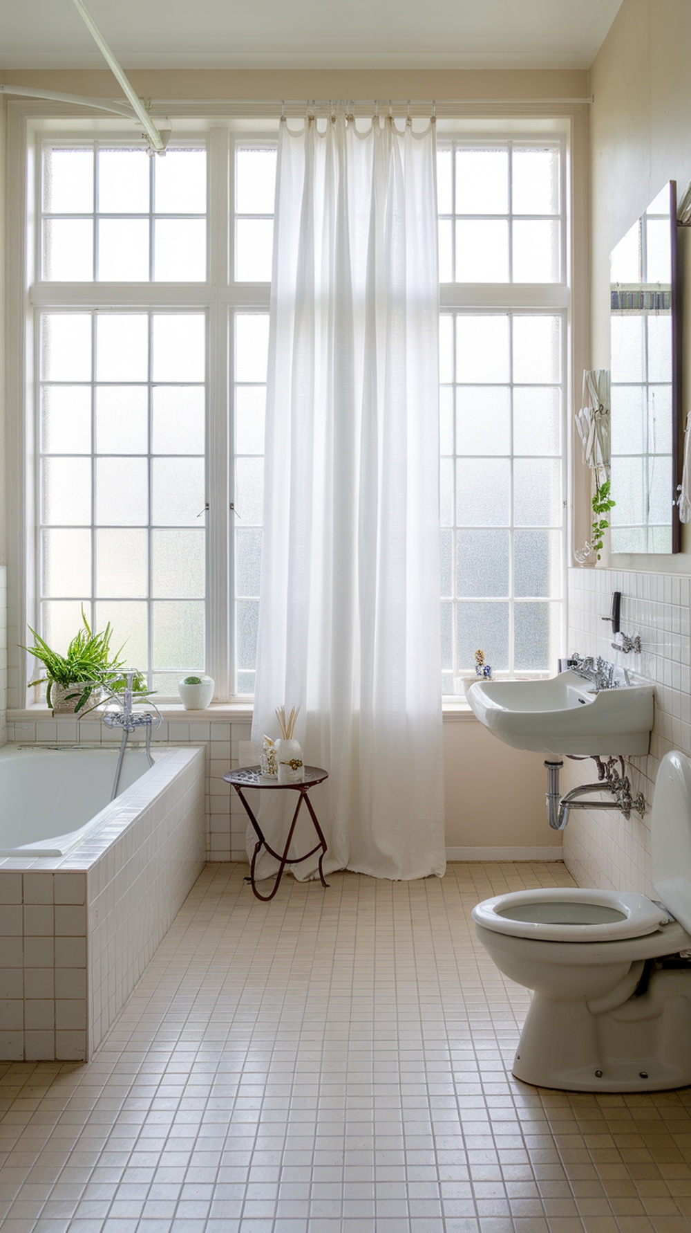 Bright and airy bathroom with large windows and plants