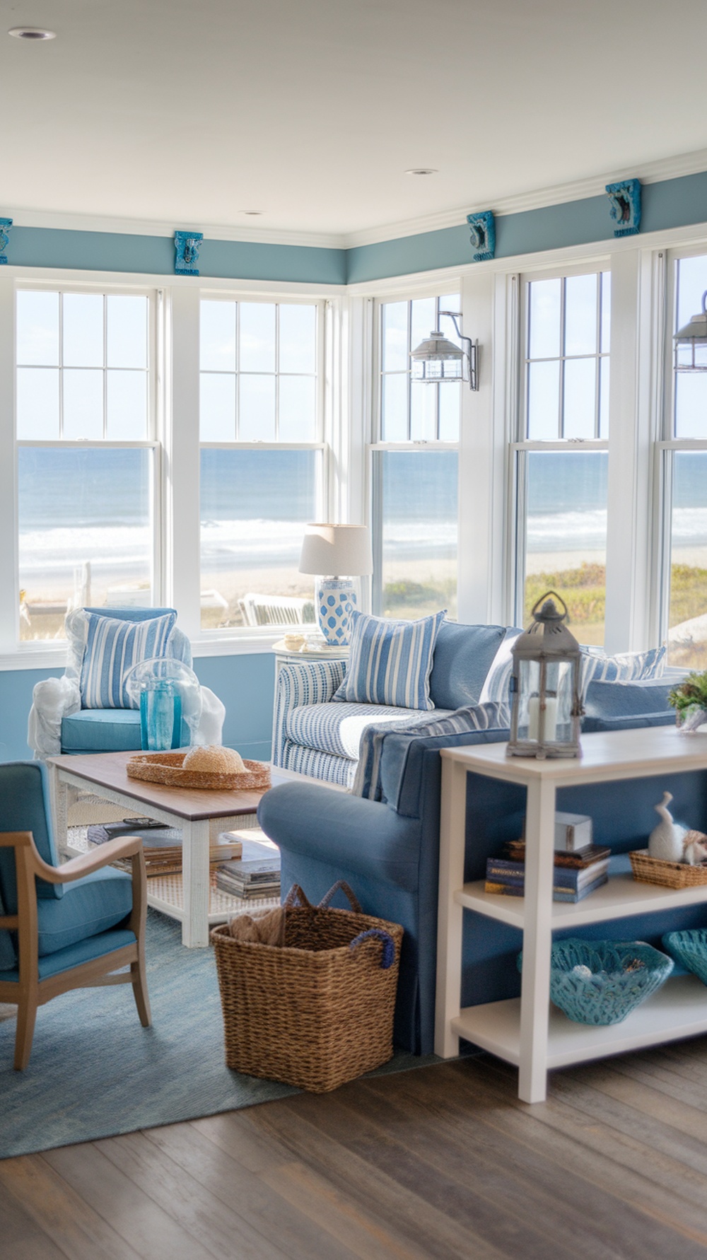 Bright and airy coastal-inspired living room with large windows, blue and white decor, and a view of the beach.