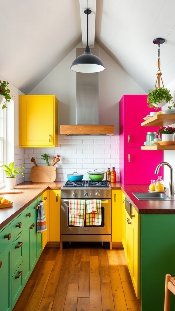 Colorful kitchen with bright yellow, green, and pink cabinets, showcasing a modern design.